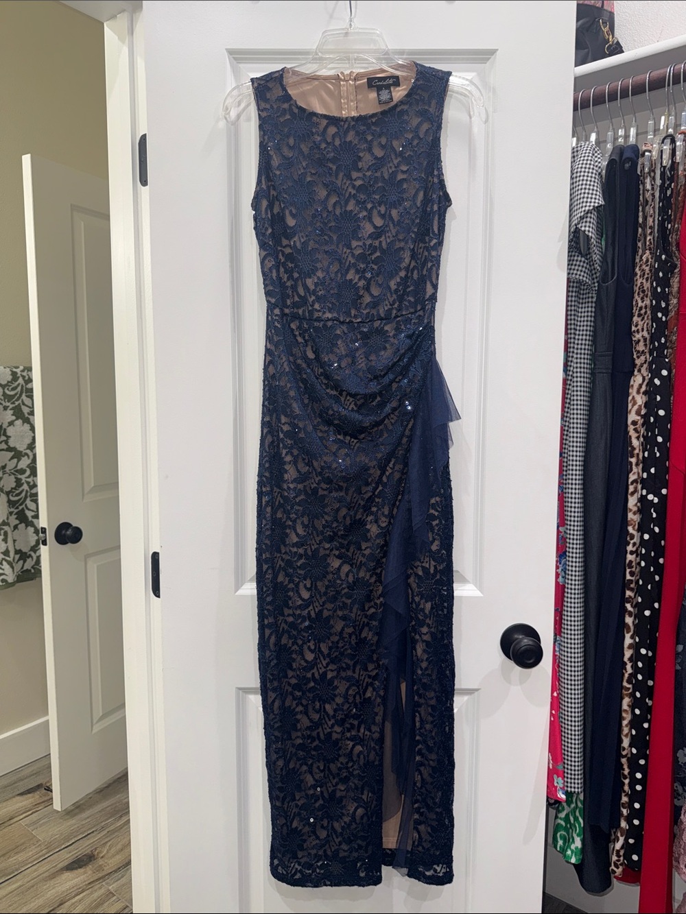 Elegant Navy Lace Maxi Dress with Draped Detail